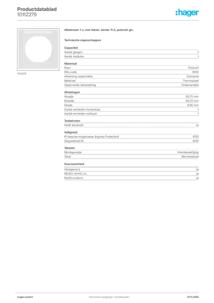 Afbeelding Hager Productdatablad 10112279 | Hager Nederland