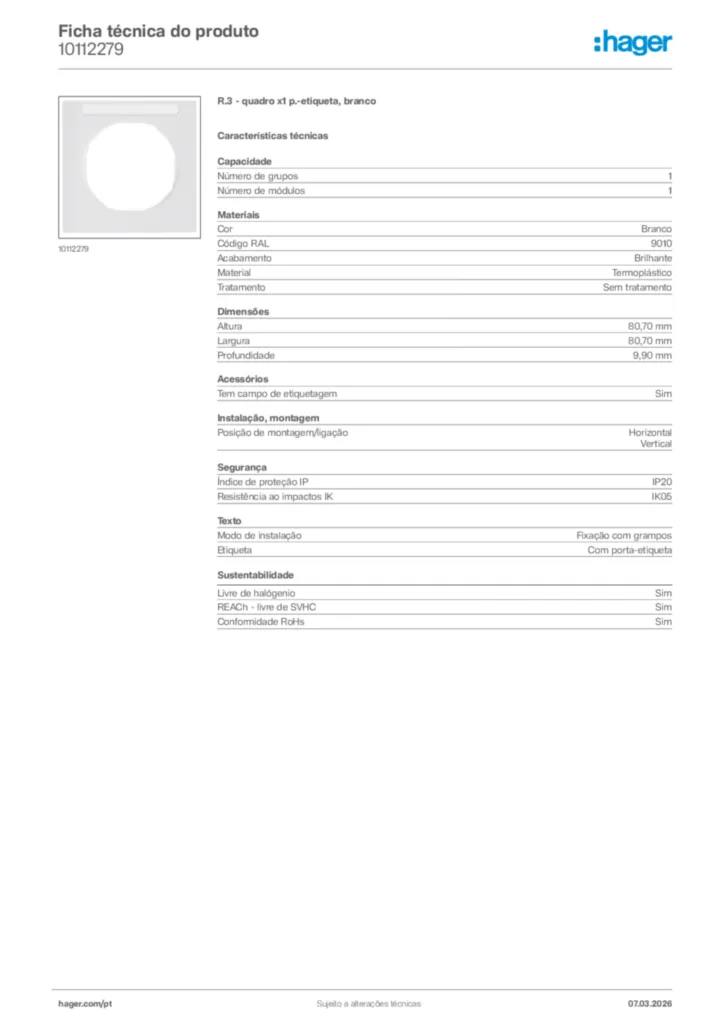 Imagem Hager Ficha técnica do produto 10112279 | Hager Portugal