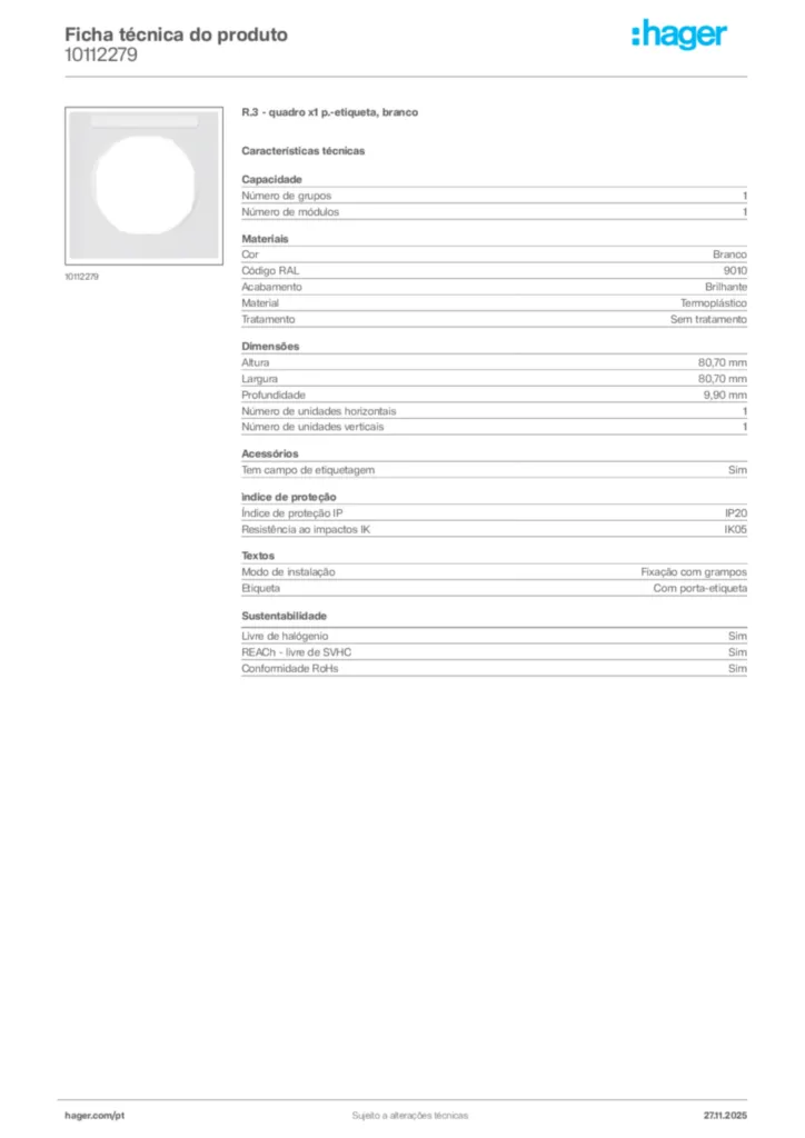 Imagem Hager Ficha técnica do produto 10112279 | Hager Portugal