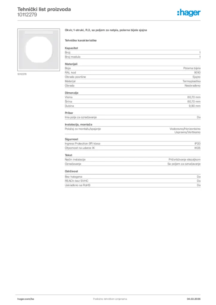 Slika Hager Tehnički list proizvoda 10112279  | Hager