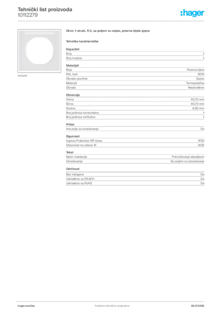 Slika Hager Product data sheet 10112279  | Hager
