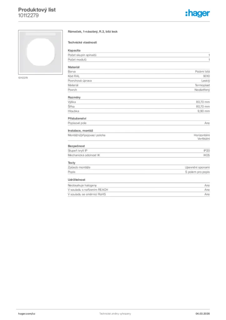 Obrázek Hager Product data sheet 10112279 | Hager