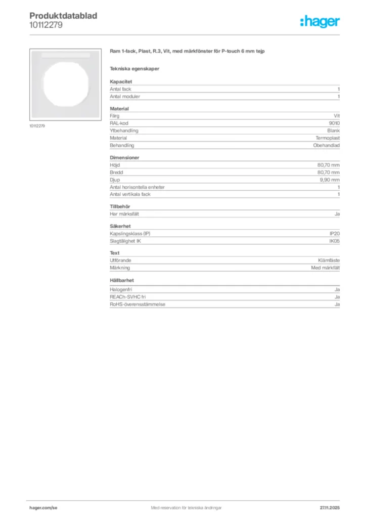 Bild Hager Produktdatablad 10112279 | Hager Sverige