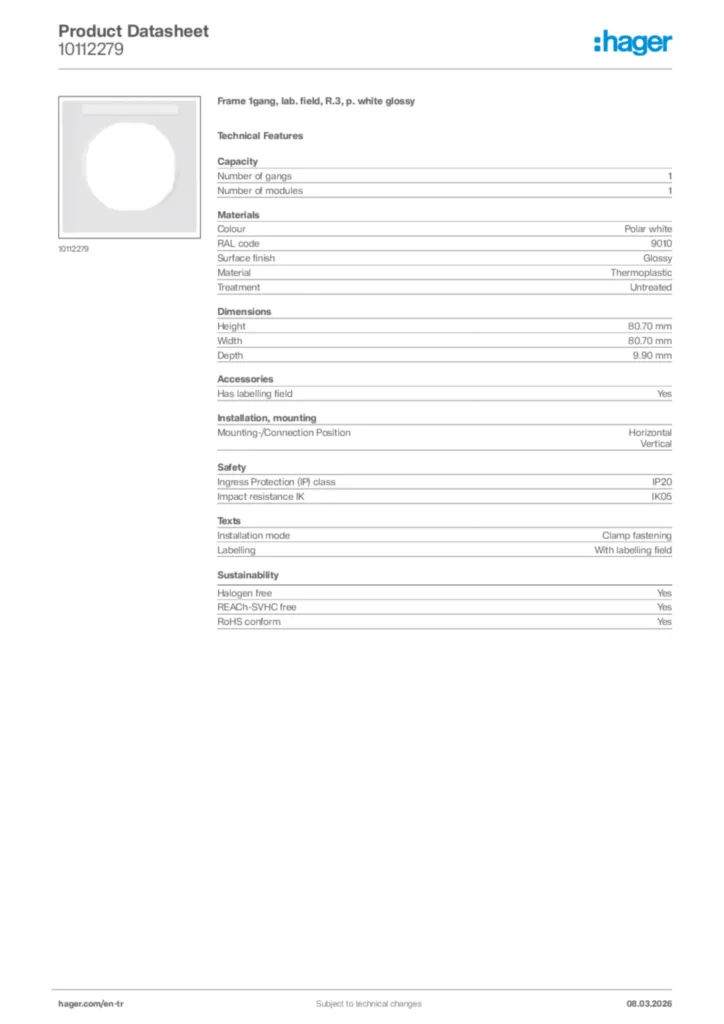 Image Hager Product data sheet 10112279  | Hager