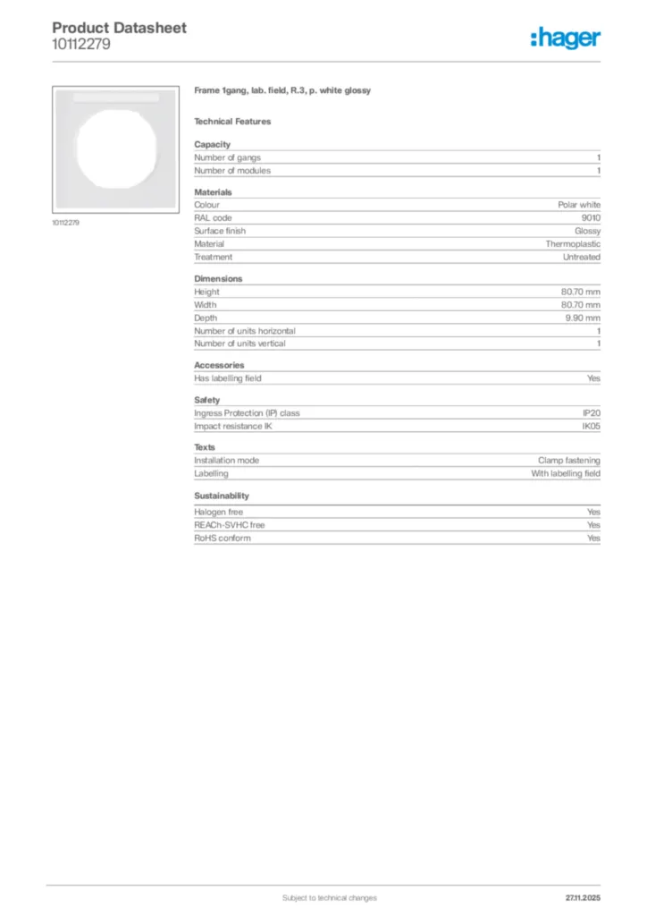 Image Hager Product data sheet 10112279  | Hager