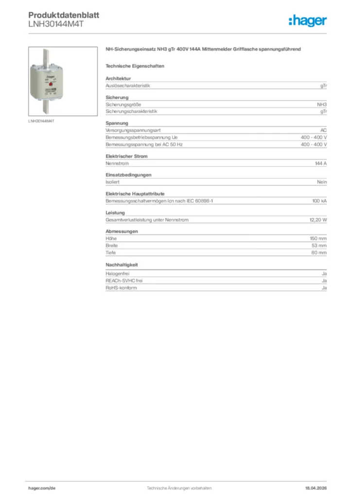 Bild Hager Produktdatenblatt LNH30144M4T | Hager Deutschland