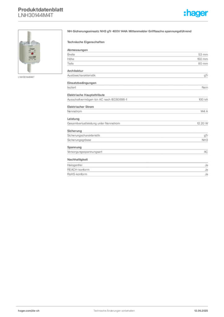 Bild Hager Produktdatenblatt LNH30144M4T | Hager Schweiz