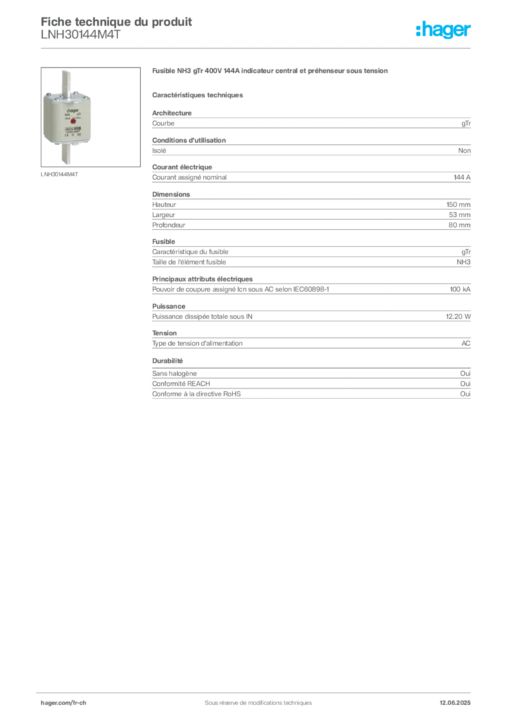 Image Hager Fiche technique du produit LNH30144M4T | Hager Suisse