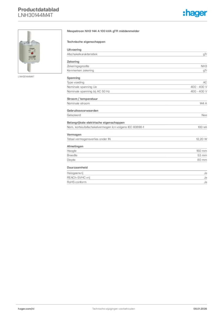 Afbeelding Hager Productdatablad LNH30144M4T | Hager Nederland