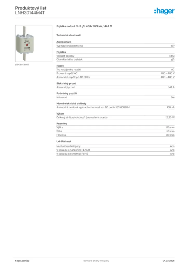 Obrázek Hager Product data sheet LNH30144M4T | Hager