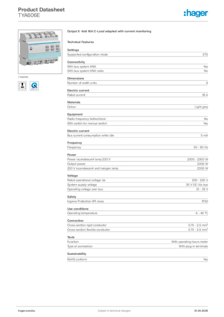 Image Hager Product data sheet TYA606E  | Hager Australia