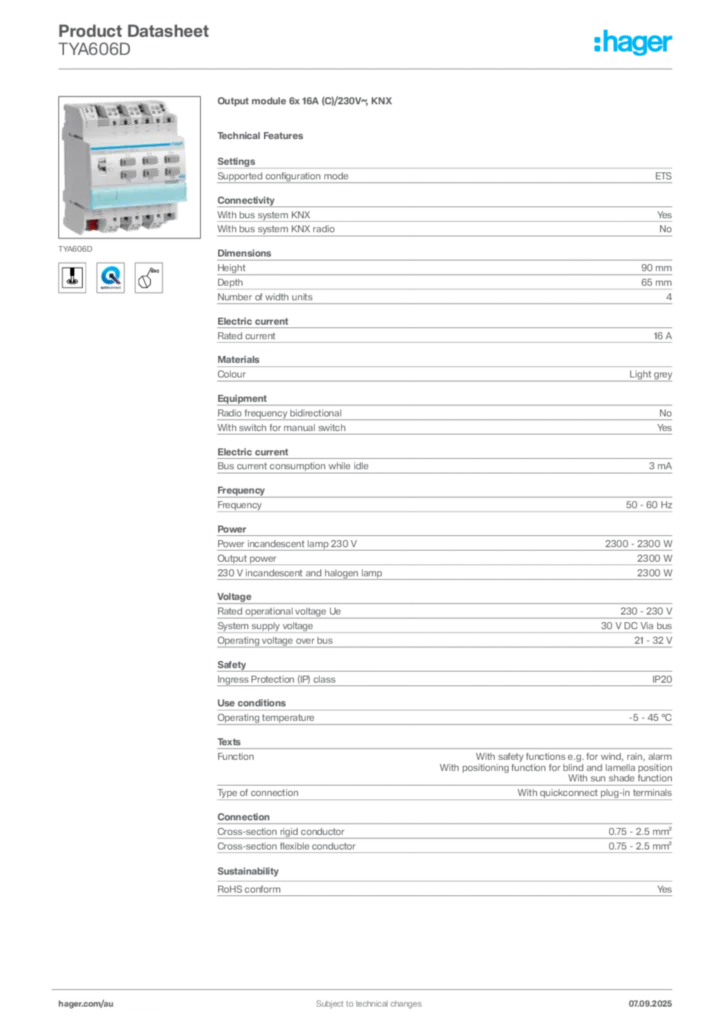 Image Hager Product data sheet TYA606D  | Hager Australia