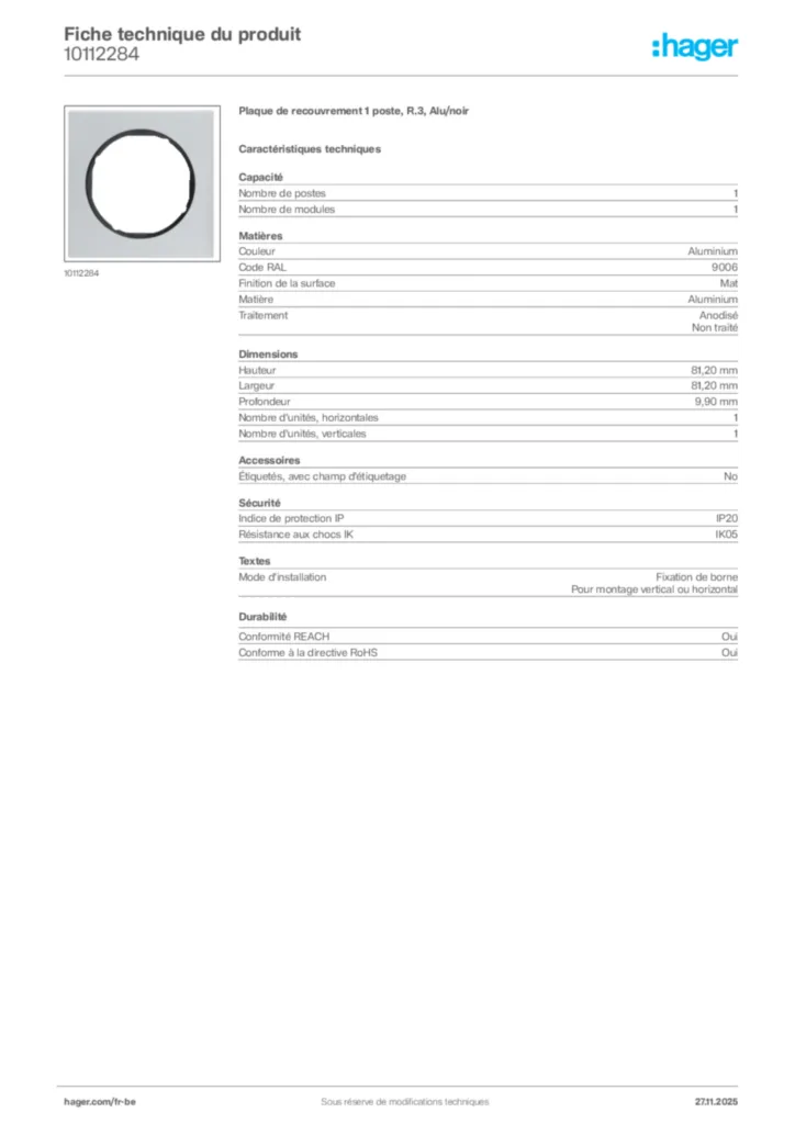 Image Hager Fiche technique du produit 10112284 | Hager Belgique