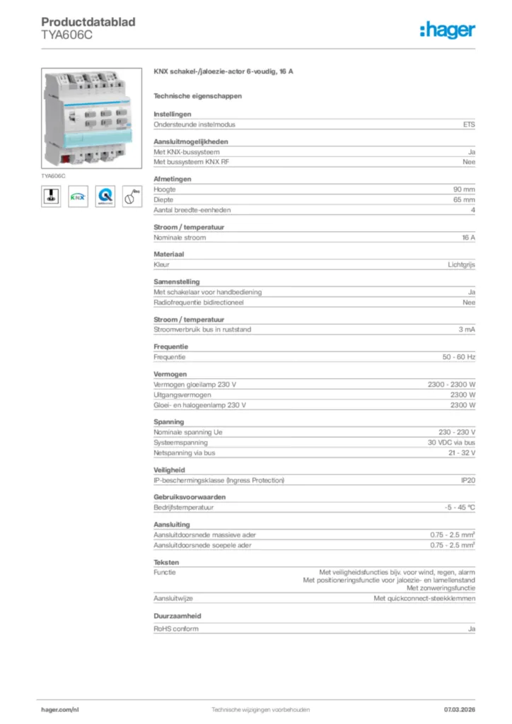 Afbeelding Hager Productdatablad TYA606C | Hager Nederland