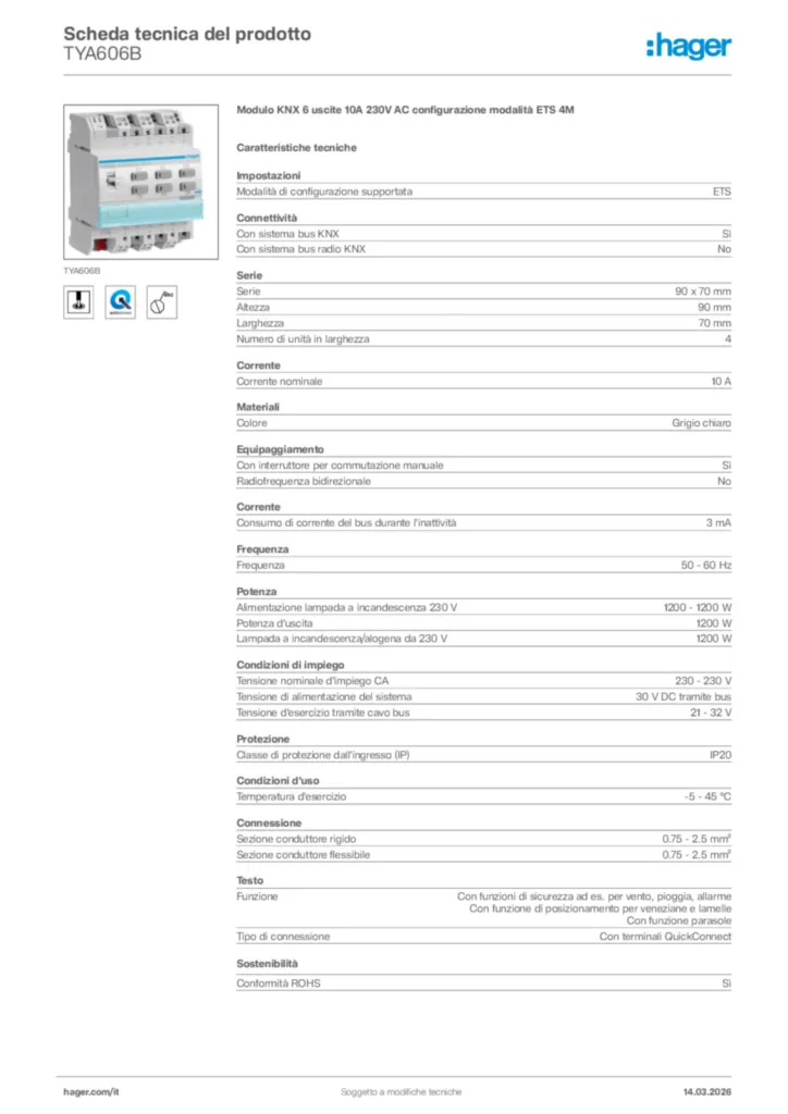 Immagine Hager Scheda tecnica del prodotto TYA606B | Hager Italia