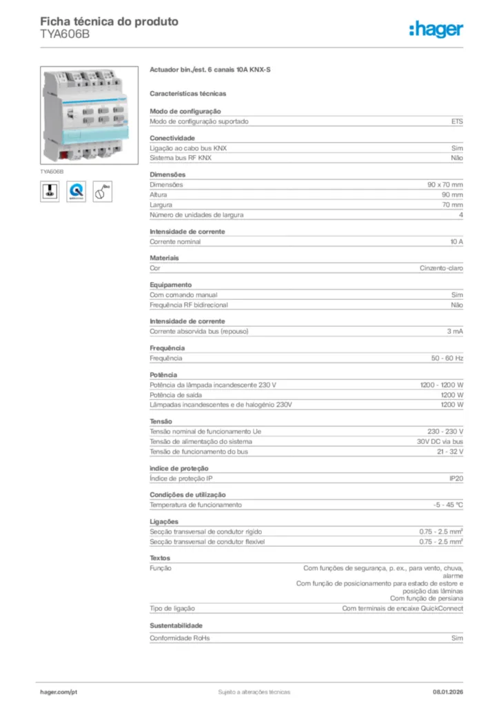 Imagem Hager Ficha técnica do produto TYA606B | Hager Portugal