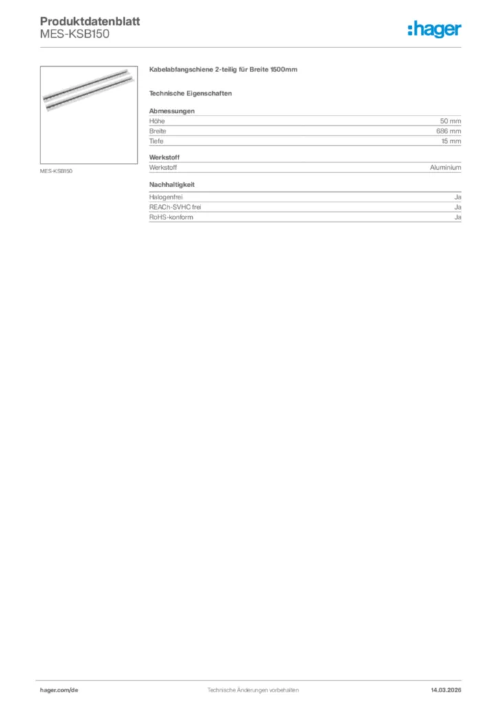 Bild Hager Produktdatenblatt MES-KSB150 | Hager Deutschland