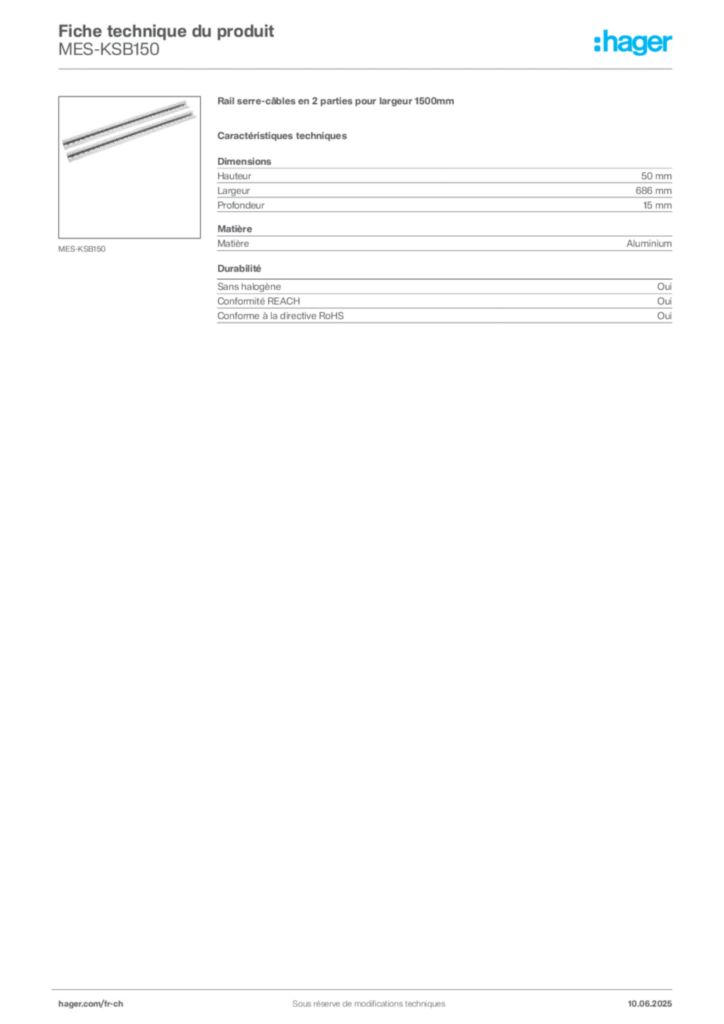 Image Hager Fiche technique du produit MES-KSB150 | Hager Suisse