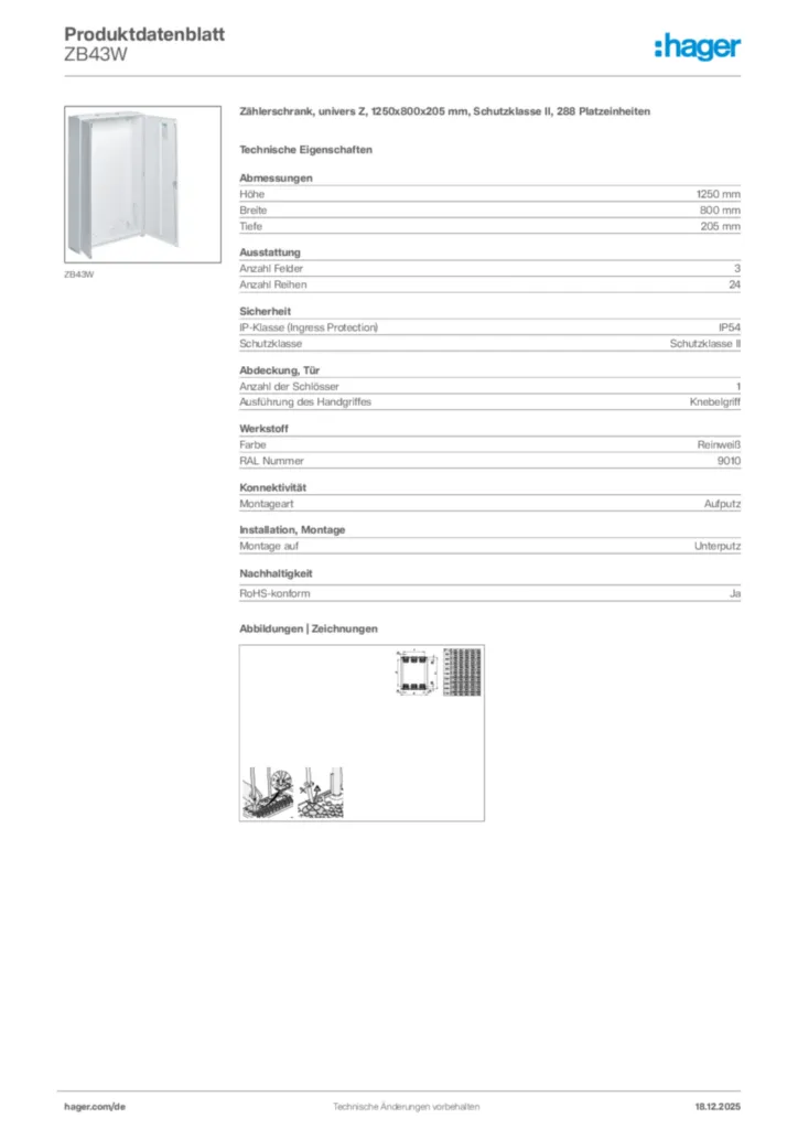 Bild Hager Produktdatenblatt ZB43W | Hager Deutschland