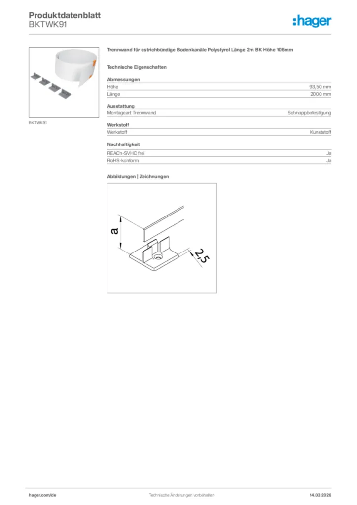 Bild Hager Produktdatenblatt BKTWK91 | Hager Deutschland