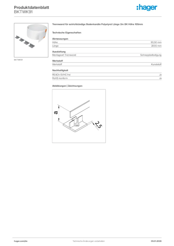 Bild Hager Produktdatenblatt BKTWK91 | Hager Deutschland