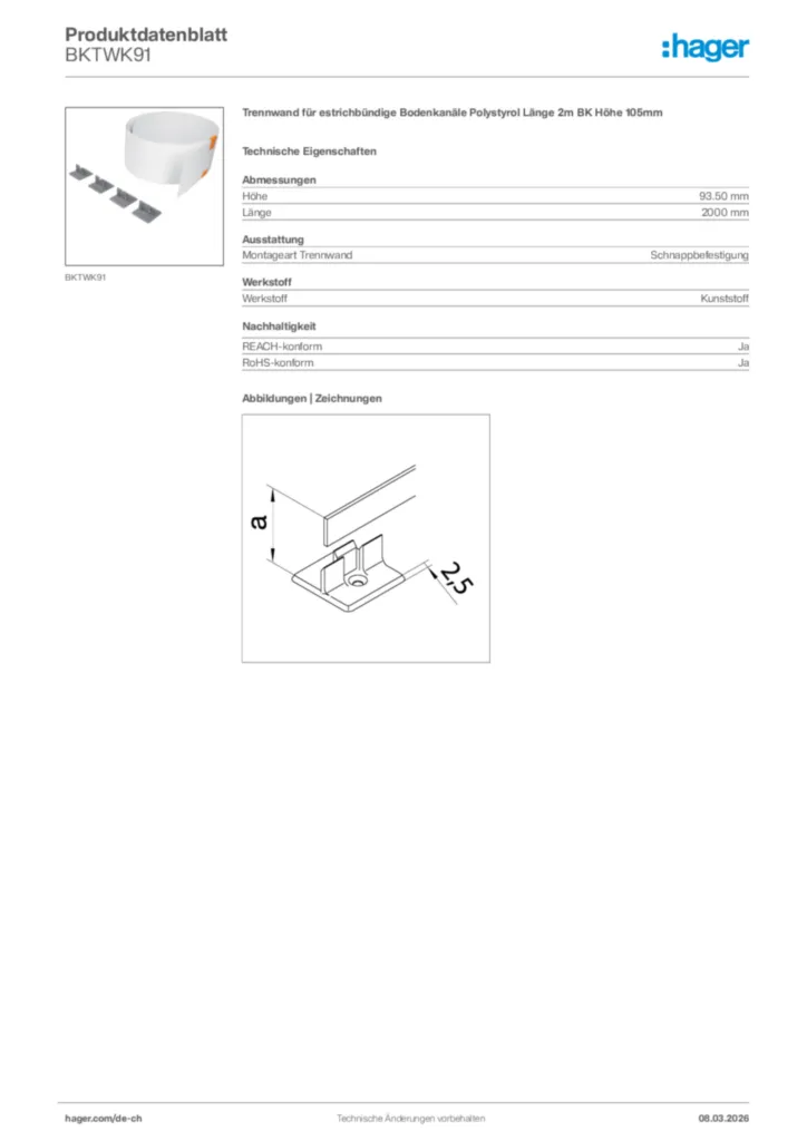 Bild Hager Produktdatenblatt BKTWK91 | Hager Schweiz