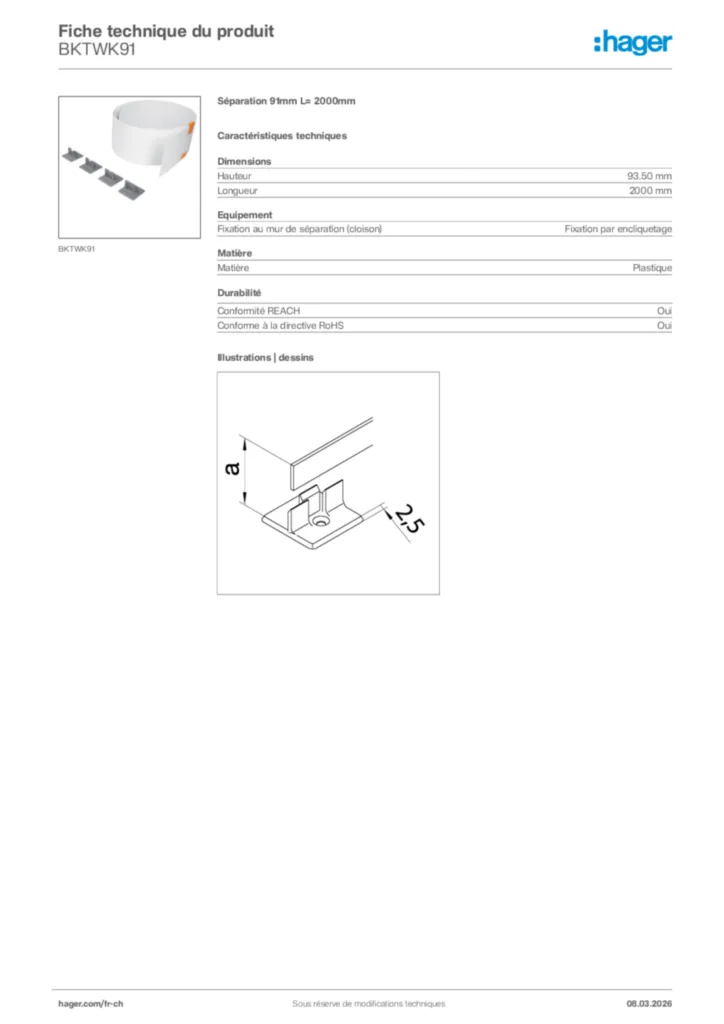 Image Hager Fiche technique du produit BKTWK91 | Hager Suisse