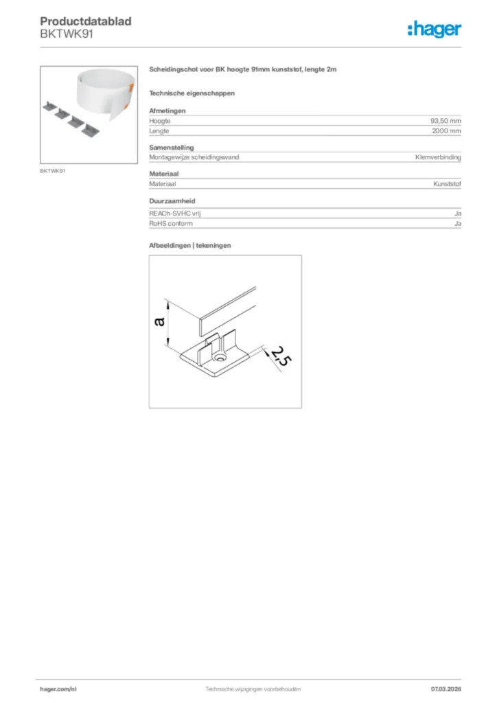 Afbeelding Hager Productdatablad BKTWK91 | Hager Nederland
