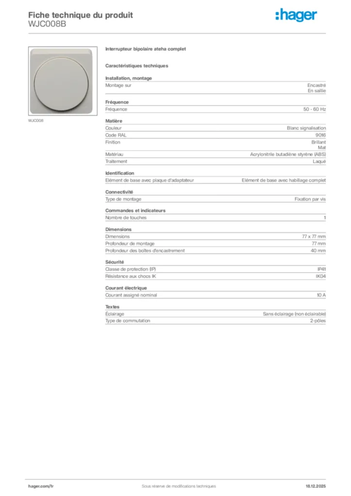 Image Hager Fiche technique du produit WJC008B | Hager France