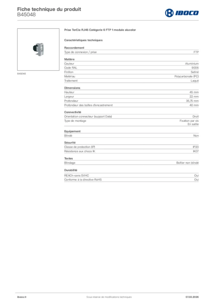 Image Iboco Fiche technique du produit B45048 | Hager France