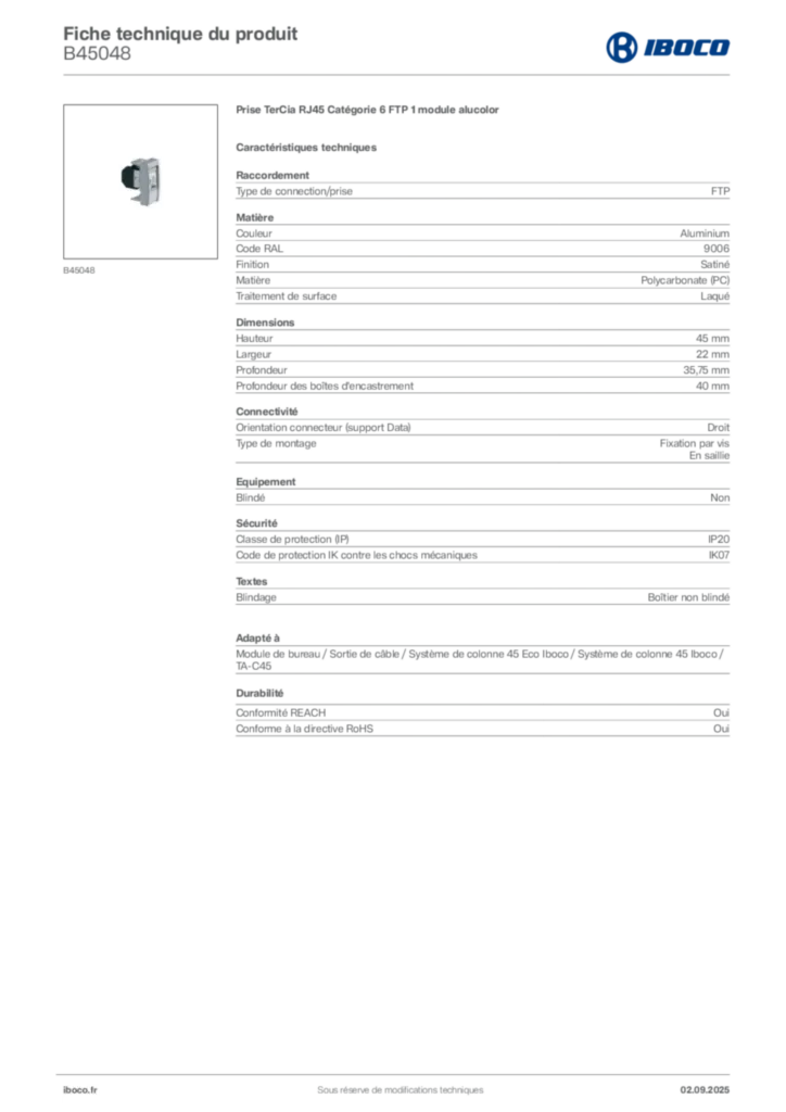 Image Iboco Fiche technique du produit B45048 | Hager France