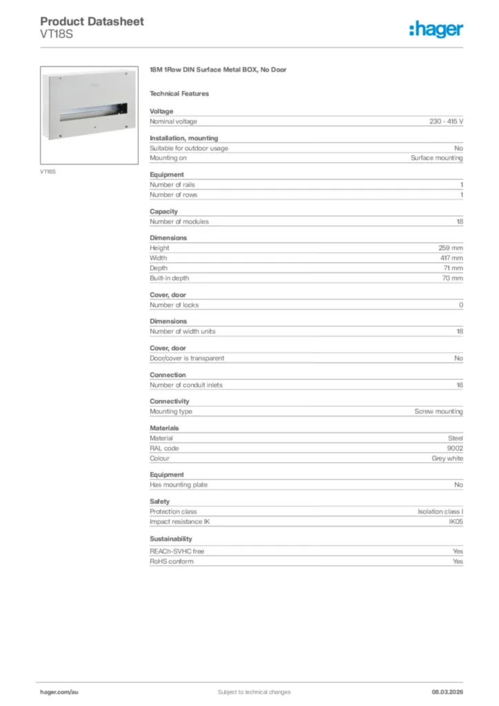 Image Hager Product data sheet VT18S  | Hager Australia