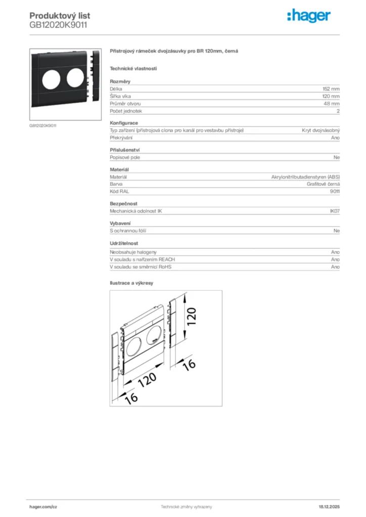 Obrázek Hager Produktový list GB12020K9011 | Hager