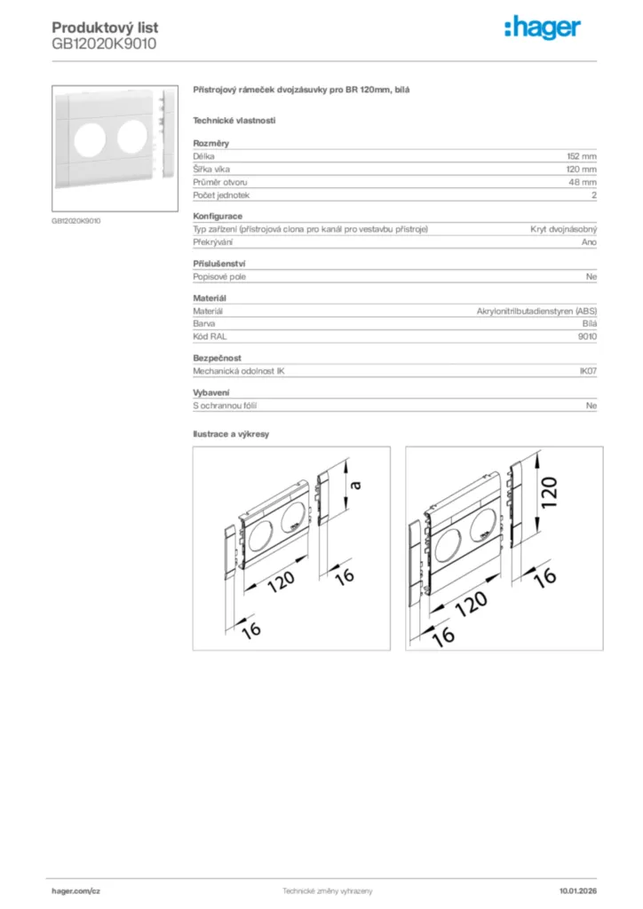 Obrázek Hager Product data sheet GB12020K9010 | Hager