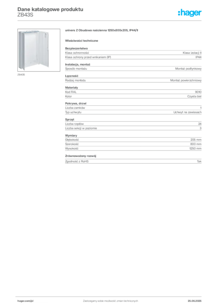 Zdjęcie Hager Karta katalogowa ZB43S | Hager Polska