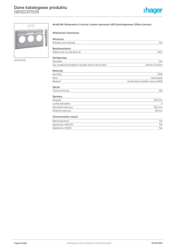 Zdjęcie Hager Karta katalogowa GB120317035 | Hager Polska
