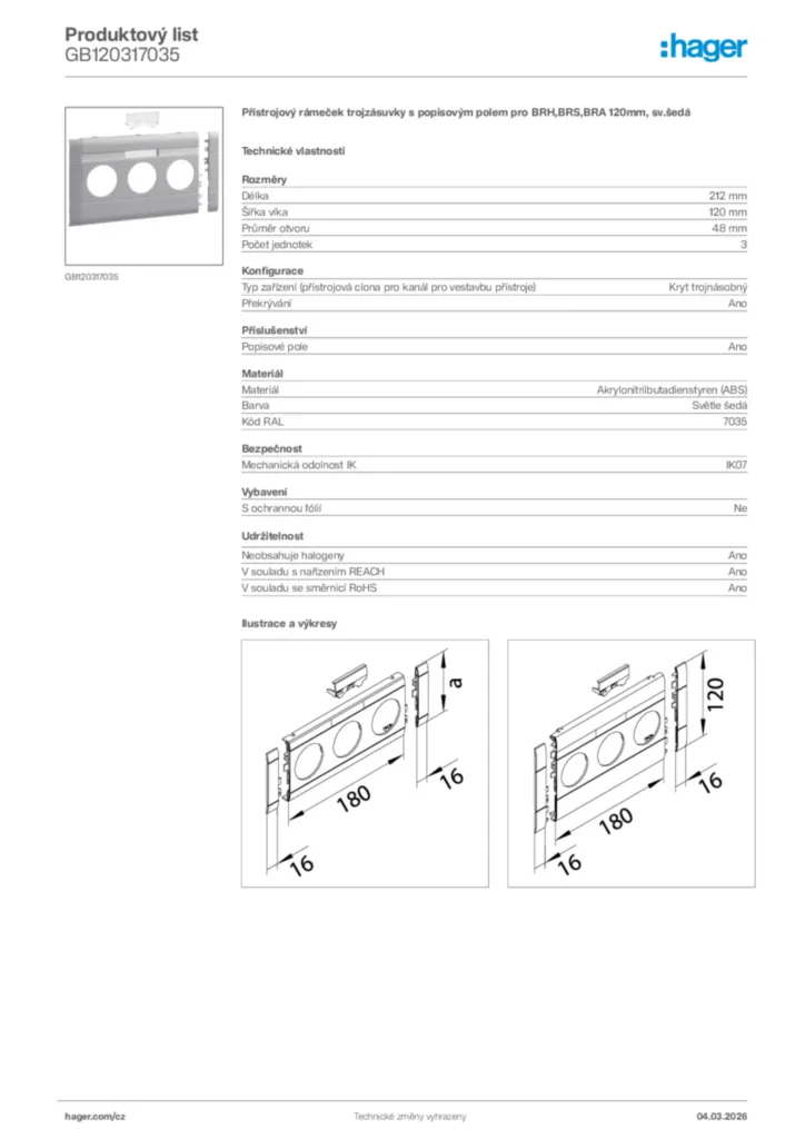 Obrázek Hager Product data sheet GB120317035 | Hager