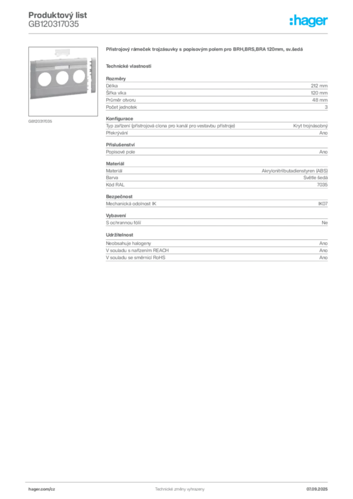 Obrázek Hager Produktový list GB120317035 | Hager