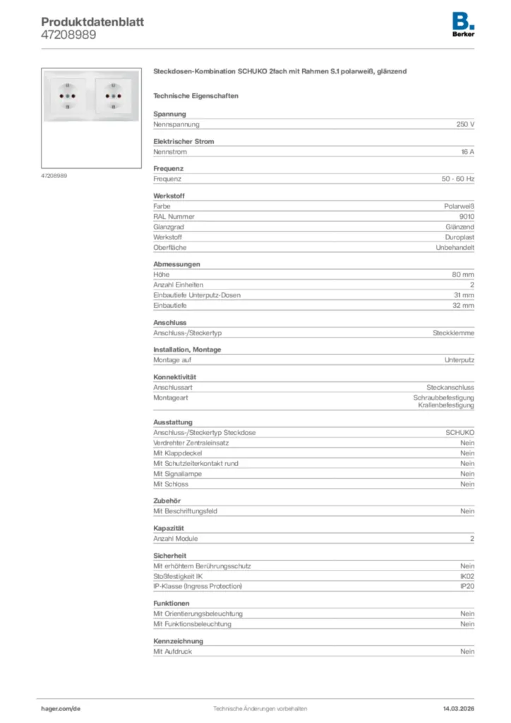Bild Berker Produktdatenblatt 47208989 | Hager Deutschland