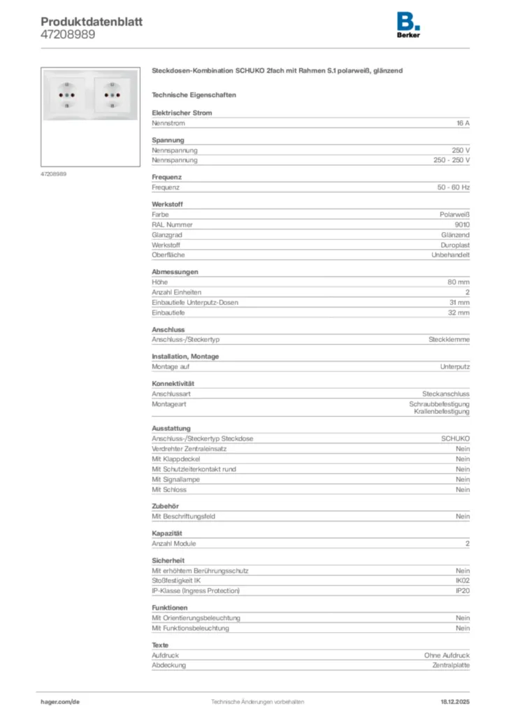Bild Berker Produktdatenblatt 47208989 | Hager Deutschland