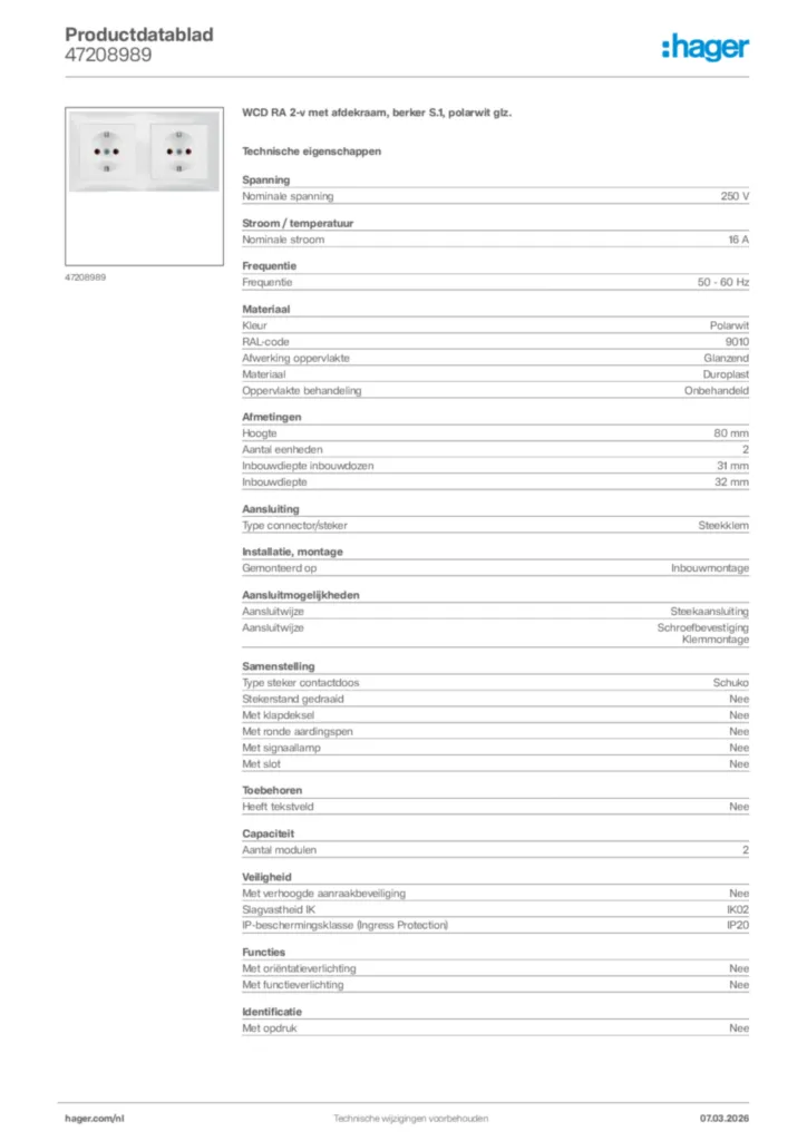 Afbeelding Hager Productdatablad 47208989 | Hager Nederland