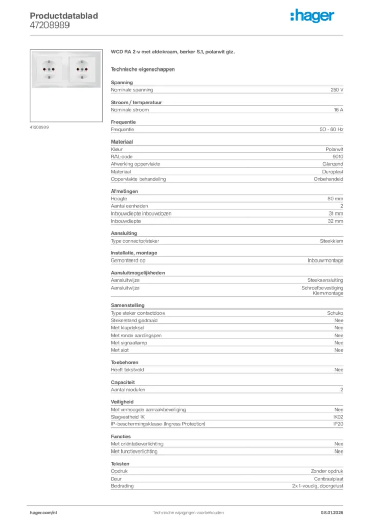 Afbeelding Hager Productdatablad 47208989 | Hager Nederland