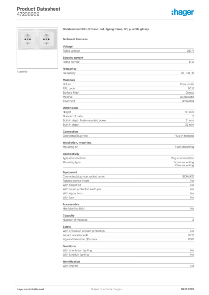Image Hager Product data sheet 47208989  | Hager
