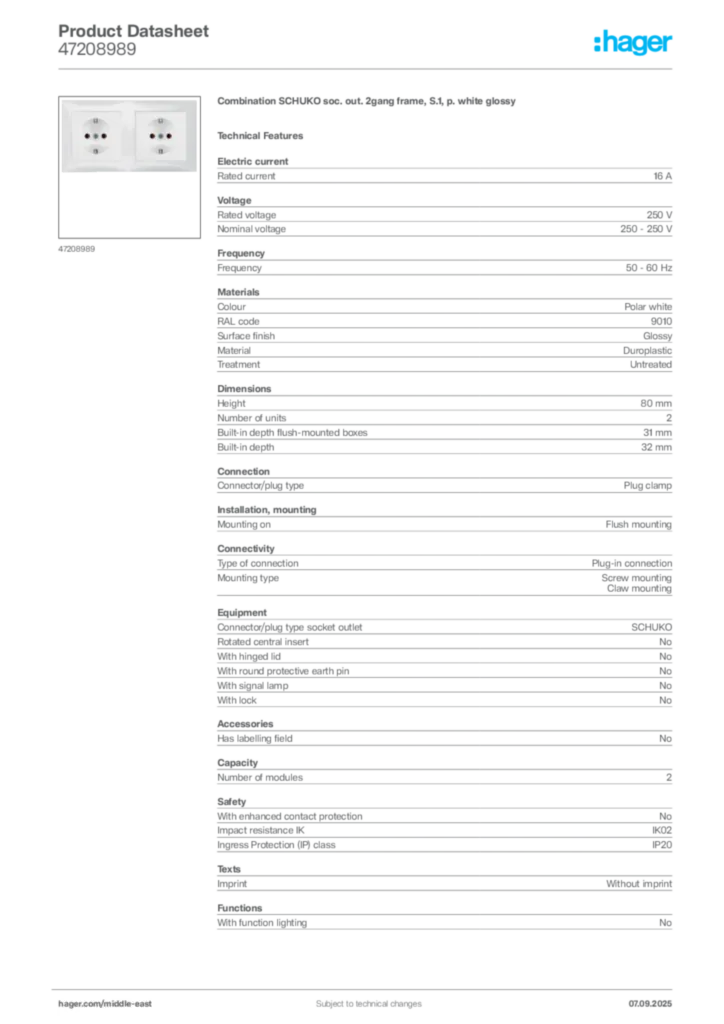 Image Hager Product data sheet 47208989  | Hager