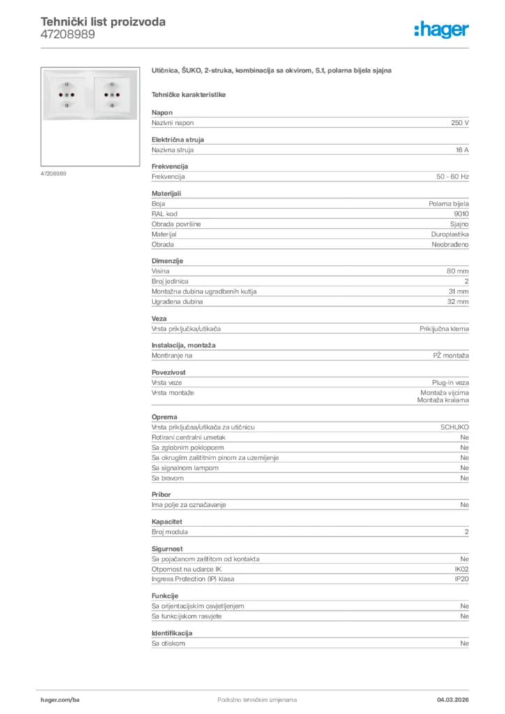 Slika Hager Tehnički list proizvoda 47208989  | Hager