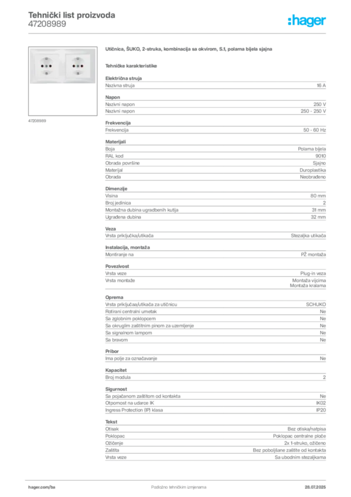 Slika Hager Product data sheet 47208989  | Hager
