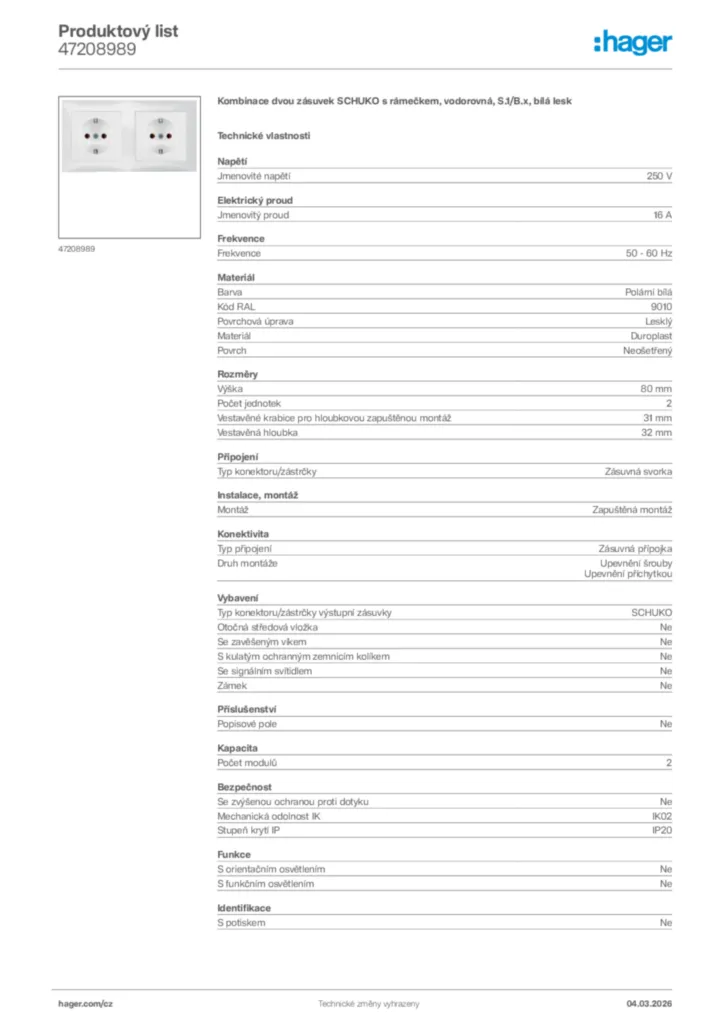 Obrázek Hager Product data sheet 47208989 | Hager