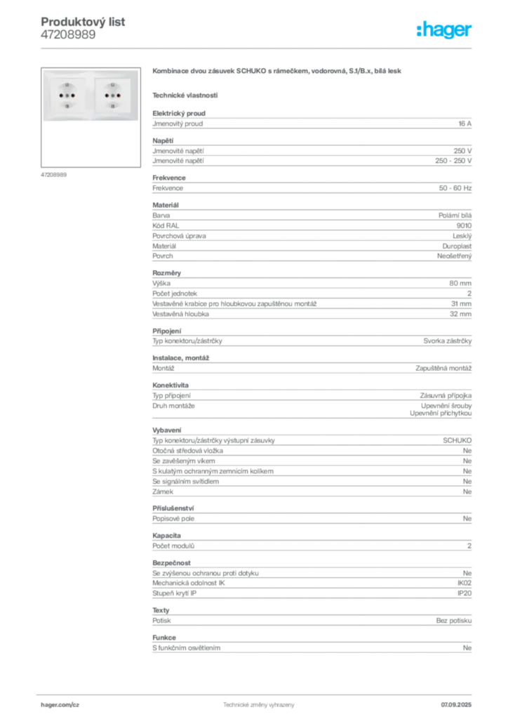 Obrázek Hager Produktový list 47208989 | Hager
