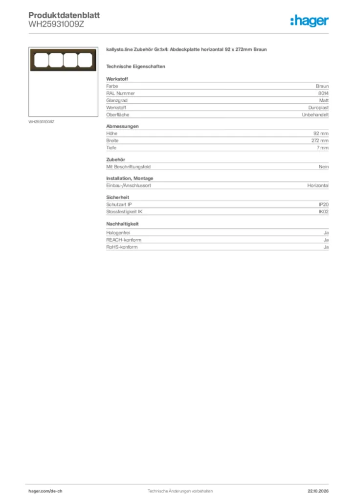 Bild Hager Produktdatenblatt WH25931009Z | Hager Schweiz