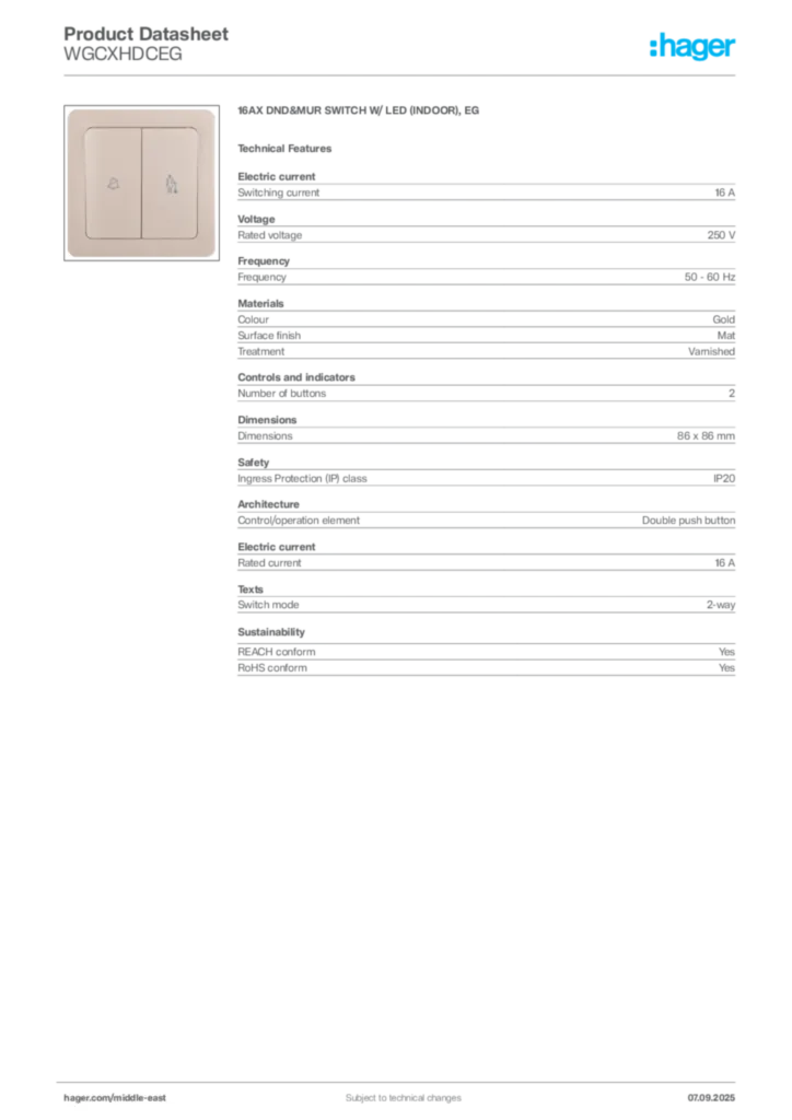 Image Hager Product data sheet WGCXHDCEG  | Hager